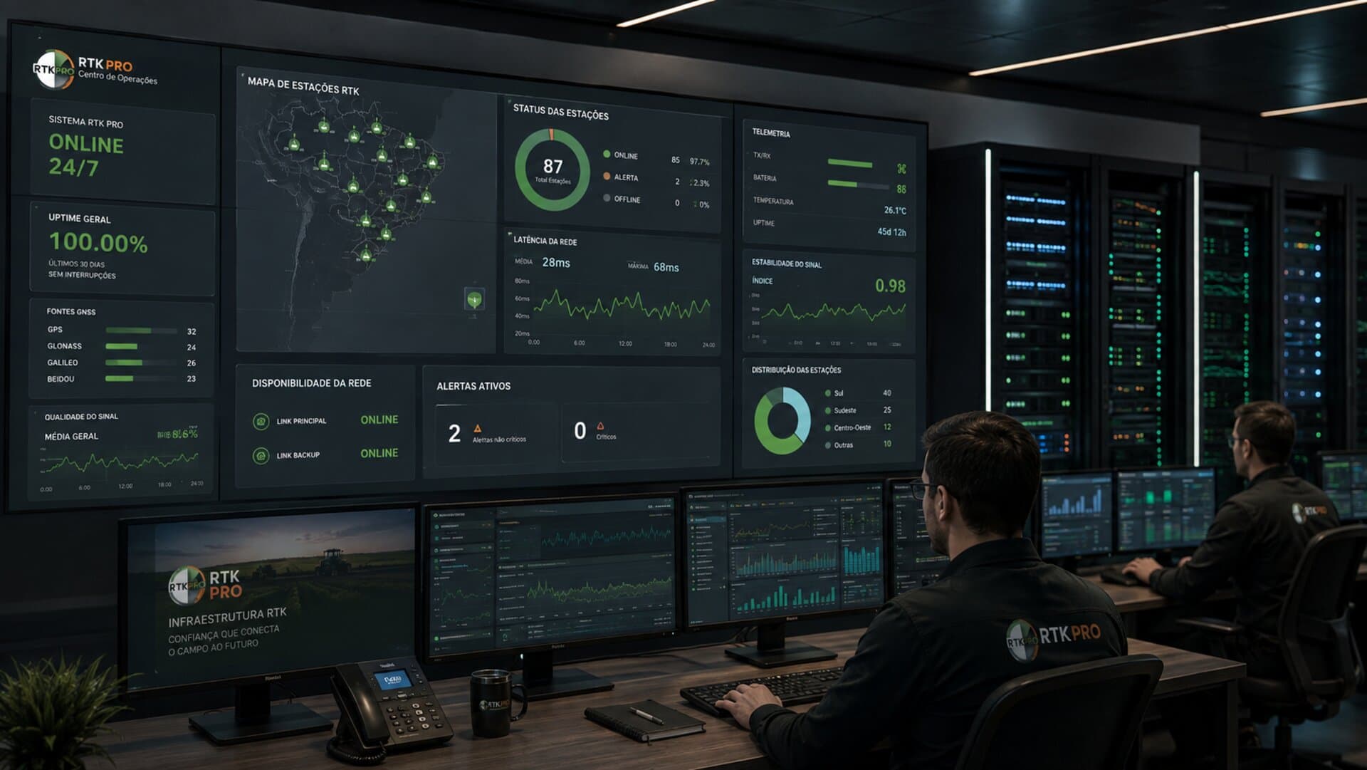 Centro de operações RTK PRO, monitoramento da rede 24 horas por dia